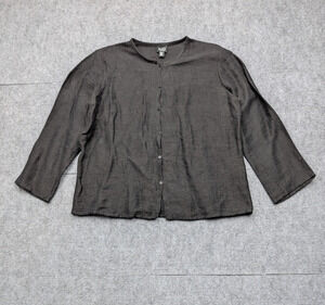 Eileen Fisher Linen Button Up Womens Medium Petite Black Minimal Natural Coastal